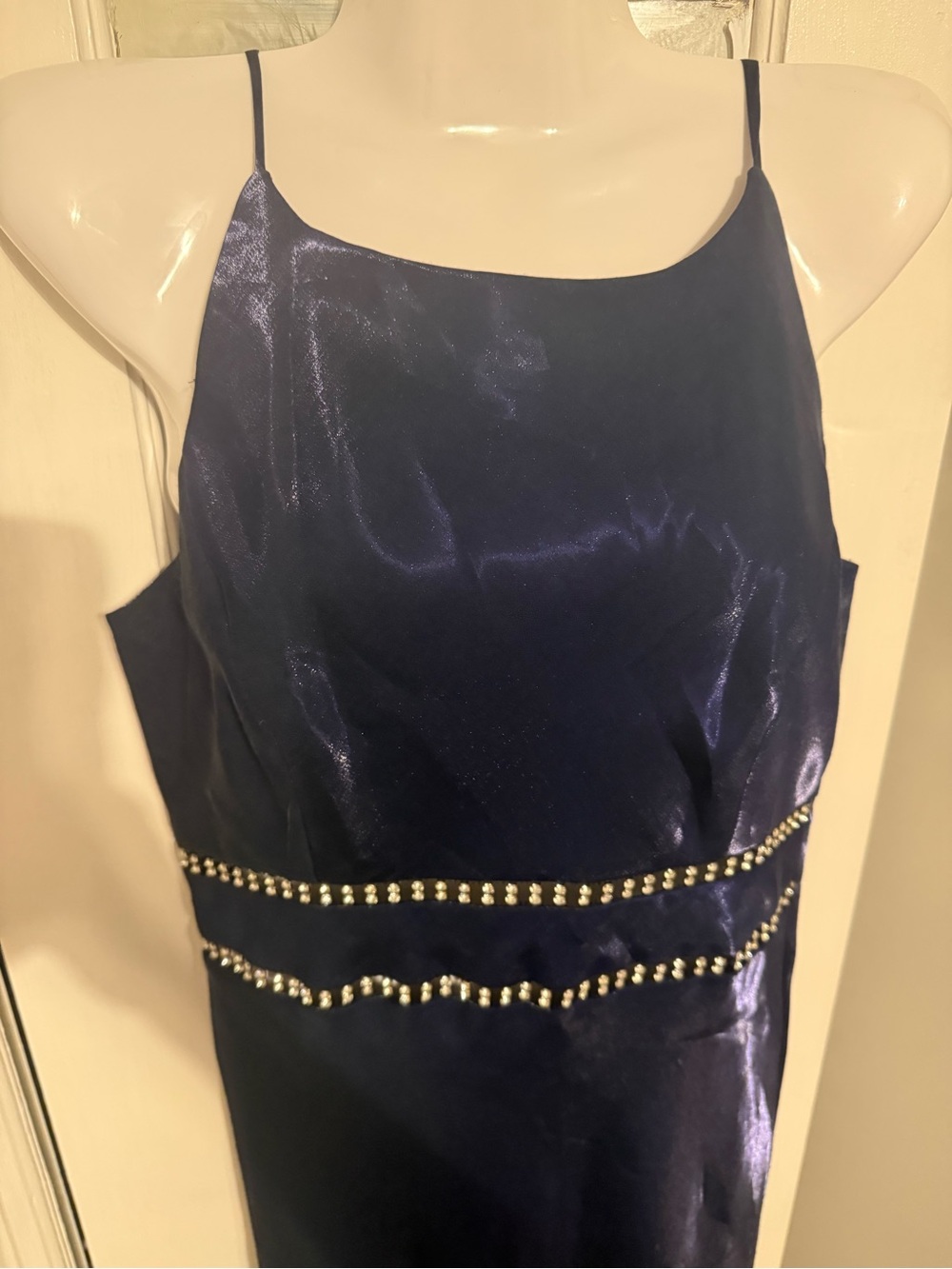 Vintage Faviana 90s Iridescent Blue Metallic Rhinestone Waist Maxi Prom Gown 10